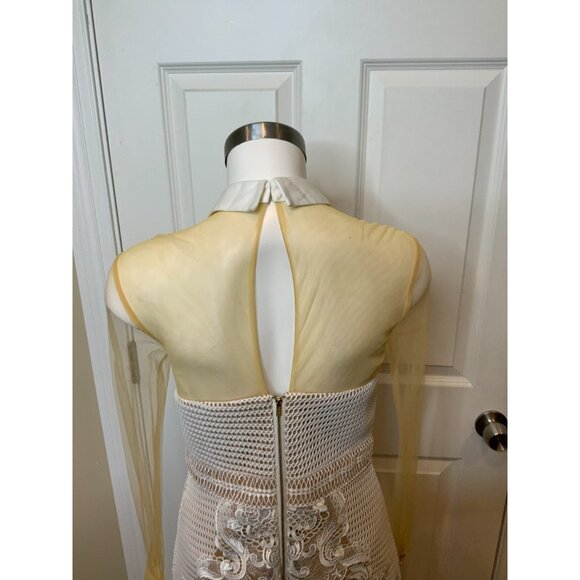 Self-Portrait White Lace Tan Mesh Collared Long Sleeve Fit & Flare Dress, Size 8 - Picture 7 of 8